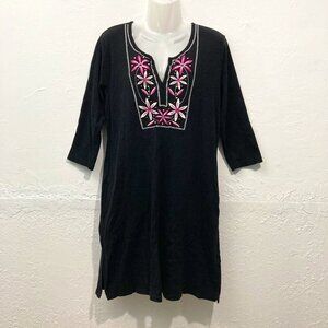 Island Clothing Company Shift Pullover Dress Black Mini 3/4 sleeve Embroidered L